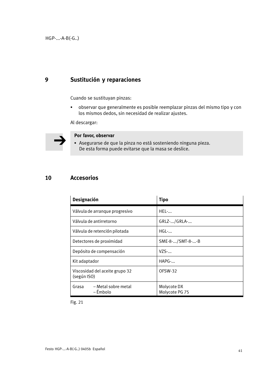 9 sustitución y reparaciones, 10 accesorios, 9sustitución y reparaciones | Festo Параллельный захват HGP User Manual | Page 41 / 88