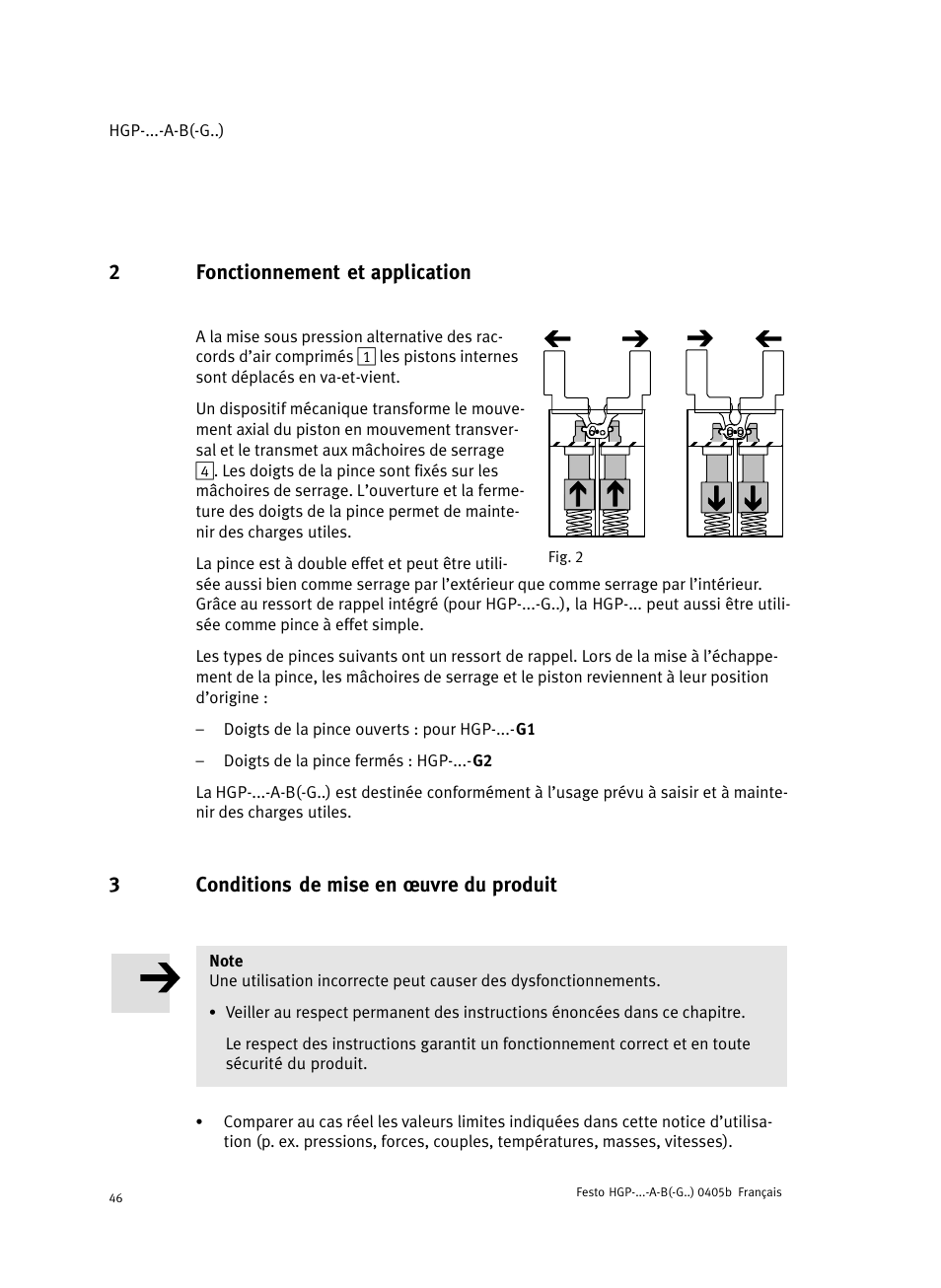 2 fonctionnement et application, 3 conditions de mise en ĺuvre du produit, 2fonctionnement et application | 3conditions de mise en ĺuvre du produit | Festo Параллельный захват HGP User Manual | Page 46 / 88