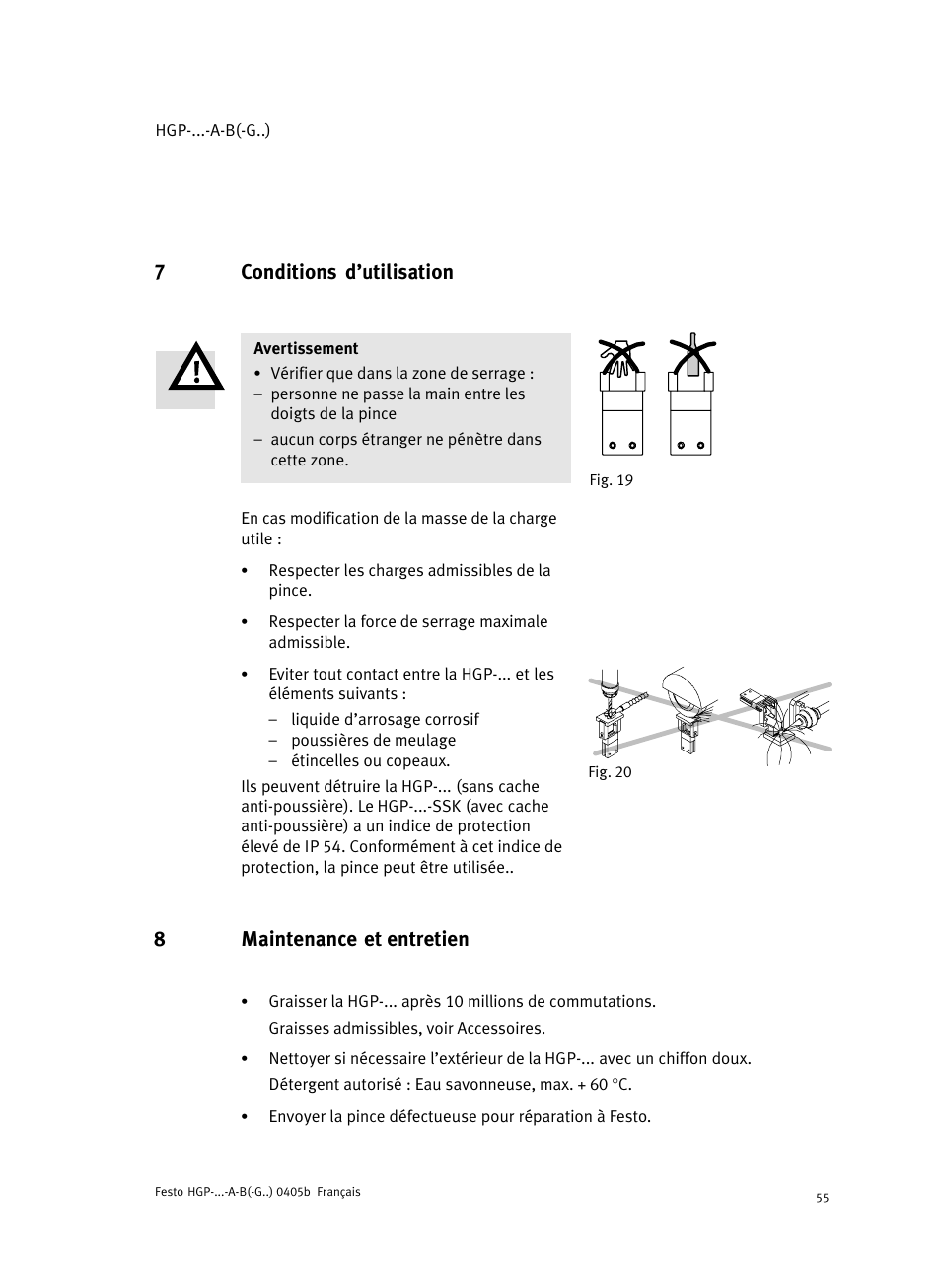 7 conditions d'utilisation, 8 maintenance et entretien, 7conditions d’utilisation | 8maintenance et entretien | Festo Параллельный захват HGP User Manual | Page 55 / 88