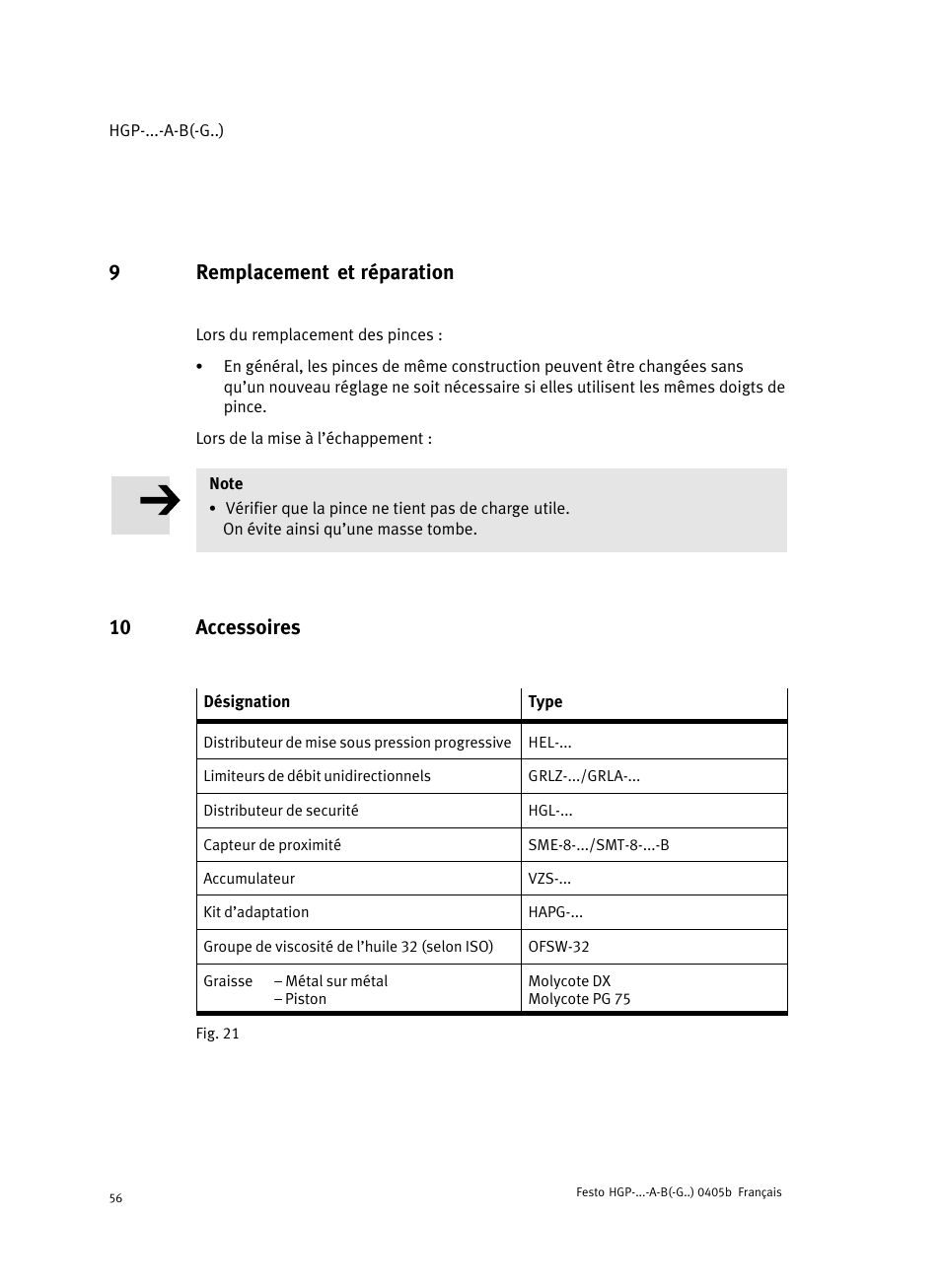9 remplacement et réparation, 10 accessoires, 9remplacement et réparation | Festo Параллельный захват HGP User Manual | Page 56 / 88