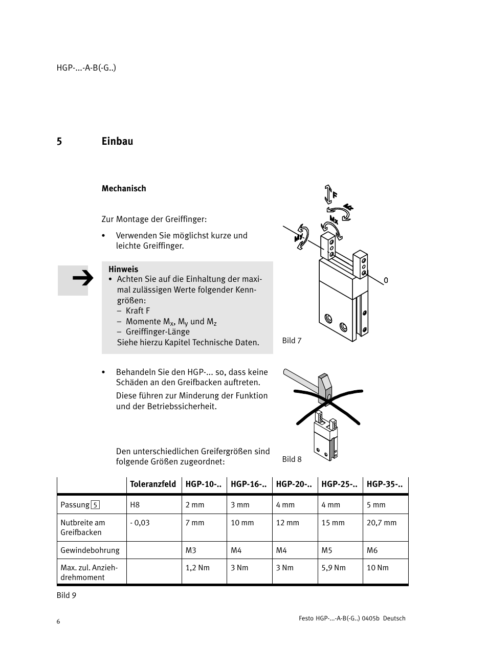 5 einbau, Mechanisch, 5einbau | Festo Параллельный захват HGP User Manual | Page 6 / 88