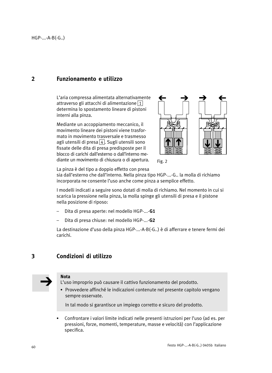 2 funzionamento e utilizzo, 3 condizioni di utilizzo, 2funzionamento e utilizzo | 3condizioni di utilizzo | Festo Параллельный захват HGP User Manual | Page 60 / 88