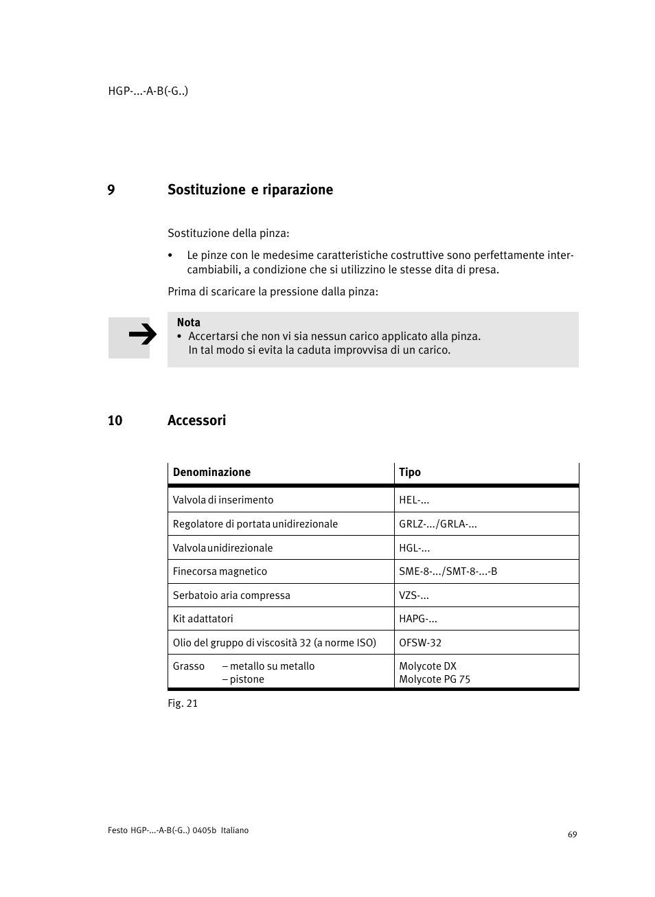 9 sostituzione e riparazione, 10 accessori, 9sostituzione e riparazione | Festo Параллельный захват HGP User Manual | Page 69 / 88