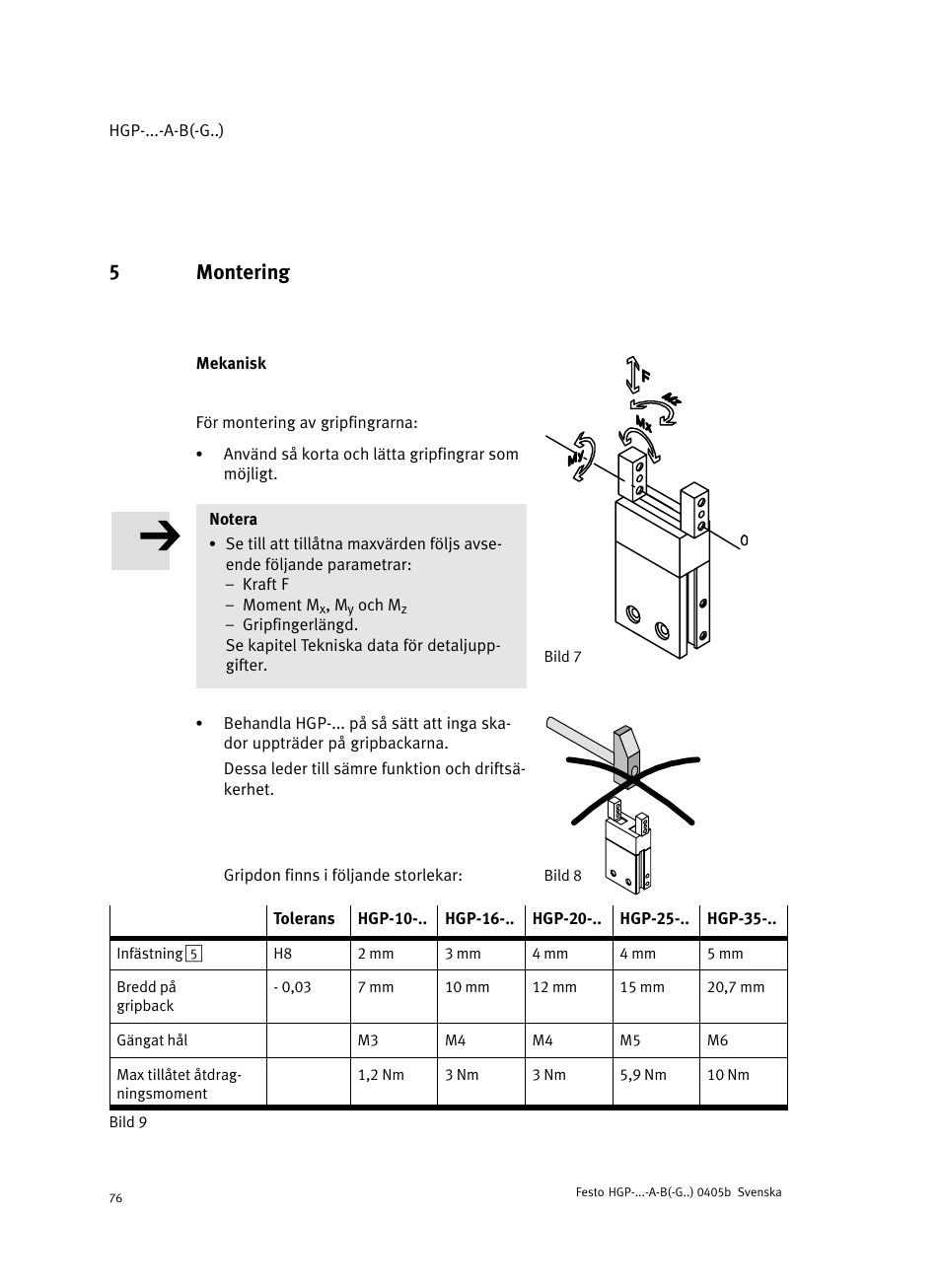 5 montering, Mekanisk, 5montering | Festo Параллельный захват HGP User Manual | Page 76 / 88
