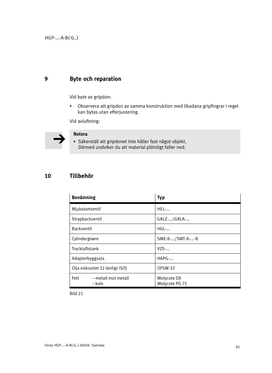 9 byte och reparation, 10 tillbehör, 9byte och reparation | Festo Параллельный захват HGP User Manual | Page 83 / 88