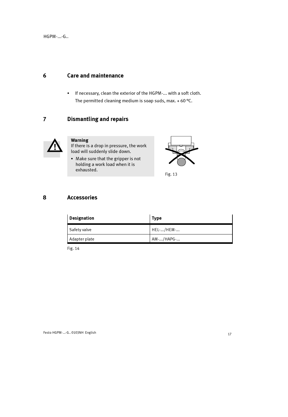 6care and maintenance, 7dismantling and repairs, 8accessories | Festo Параллельный захват HGPM User Manual | Page 17 / 52