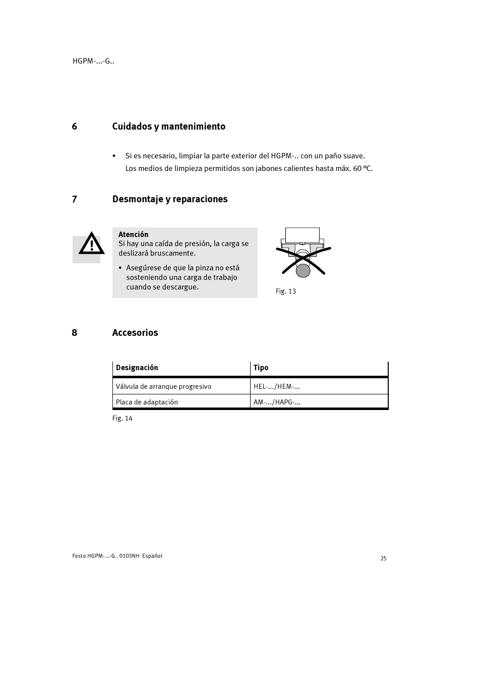 6cuidados y mantenimiento, 7desmontaje y reparaciones, 8accesorios | Festo Параллельный захват HGPM User Manual | Page 25 / 52