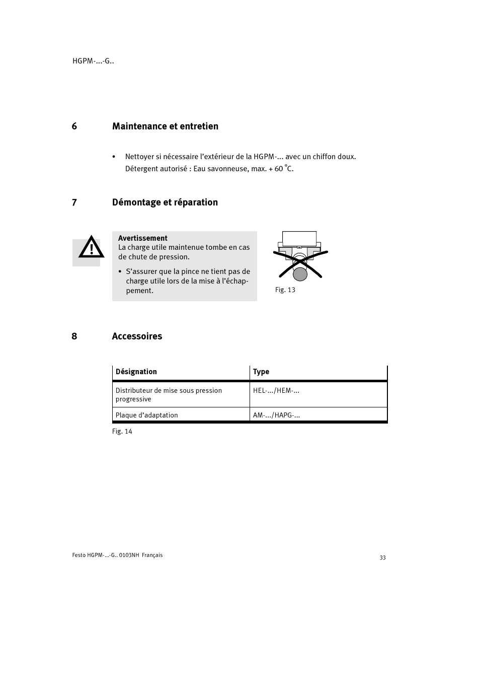 6maintenance et entretien, 7démontage et réparation, 8accessoires | Festo Параллельный захват HGPM User Manual | Page 33 / 52
