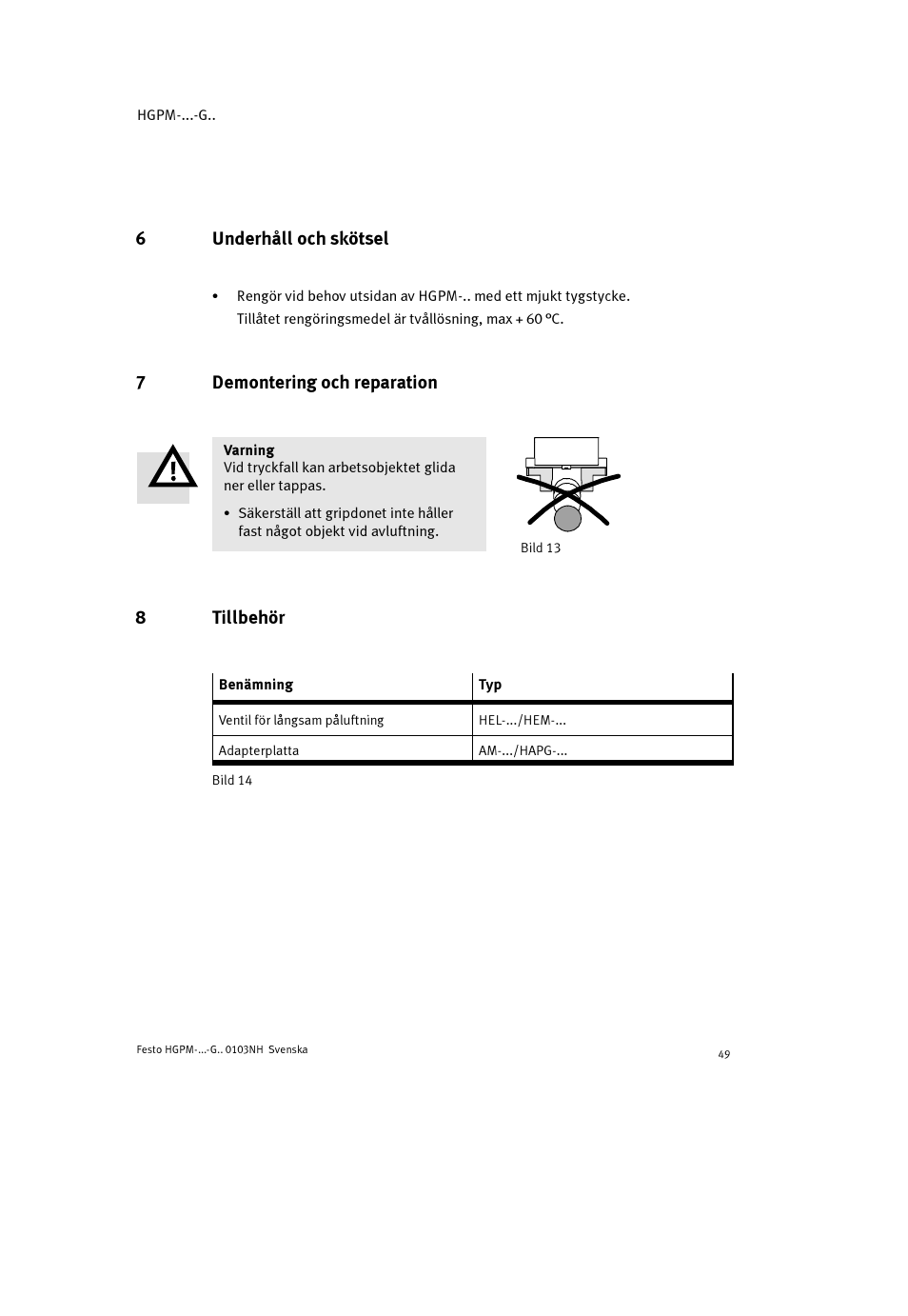 6underhåll och skötsel, 7demontering och reparation, 8tillbehör | Festo Параллельный захват HGPM User Manual | Page 49 / 52