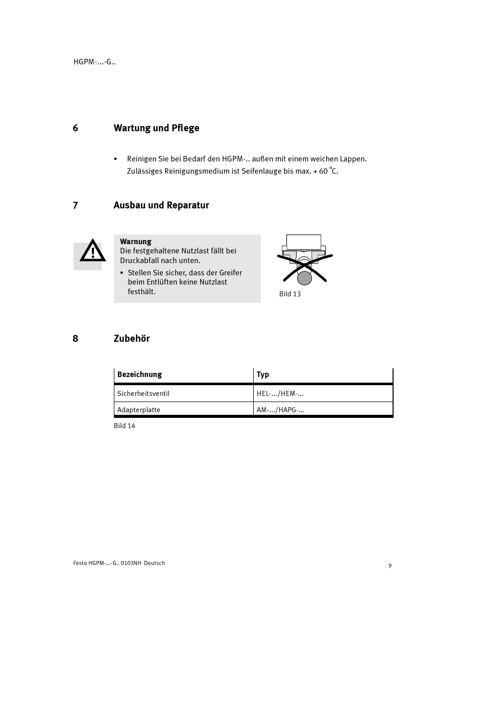 6wartung und pflege, 7ausbau und reparatur, 8zubehör | Festo Параллельный захват HGPM User Manual | Page 9 / 52