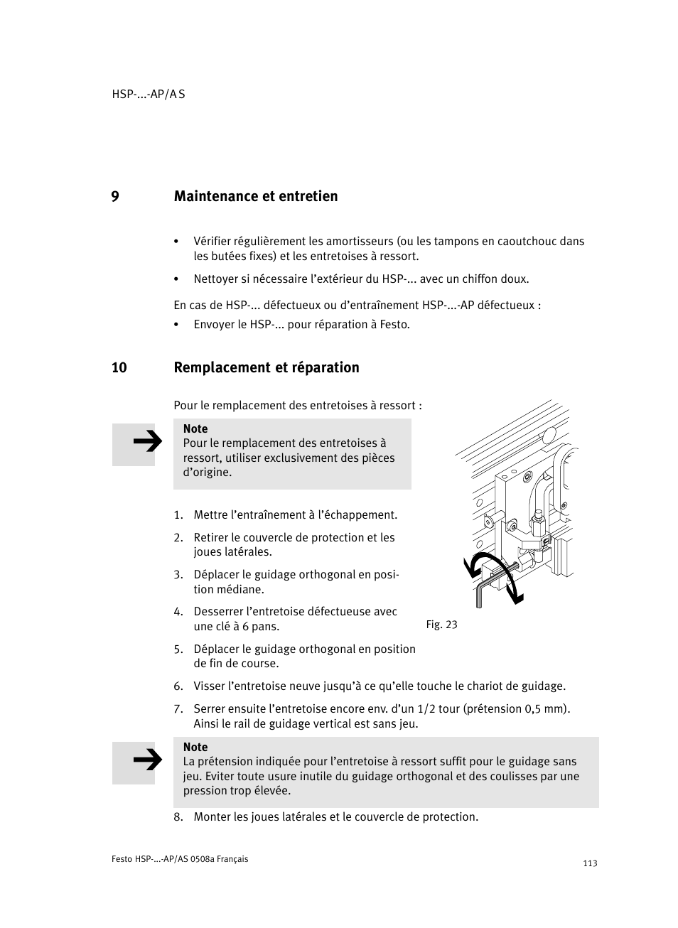 9 maintenance et entretien, 10 remplacement et réparation, 9maintenance et entretien | Festo Модуль перемещения HSP User Manual | Page 113 / 184