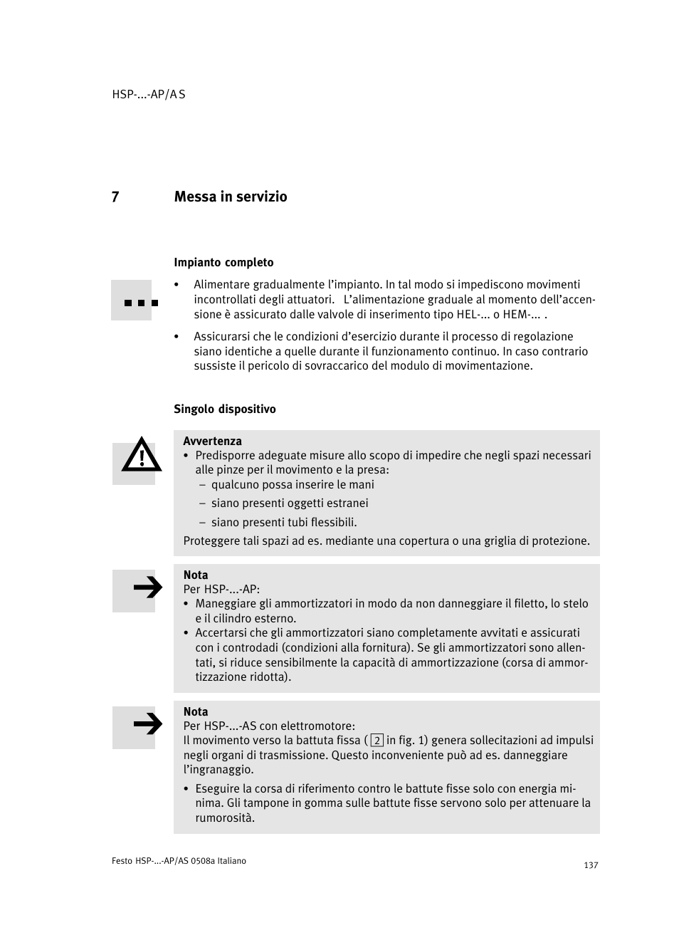 7 messa in servizio, Impianto completo, Singolo dispositivo | 7messa in servizio | Festo Модуль перемещения HSP User Manual | Page 137 / 184