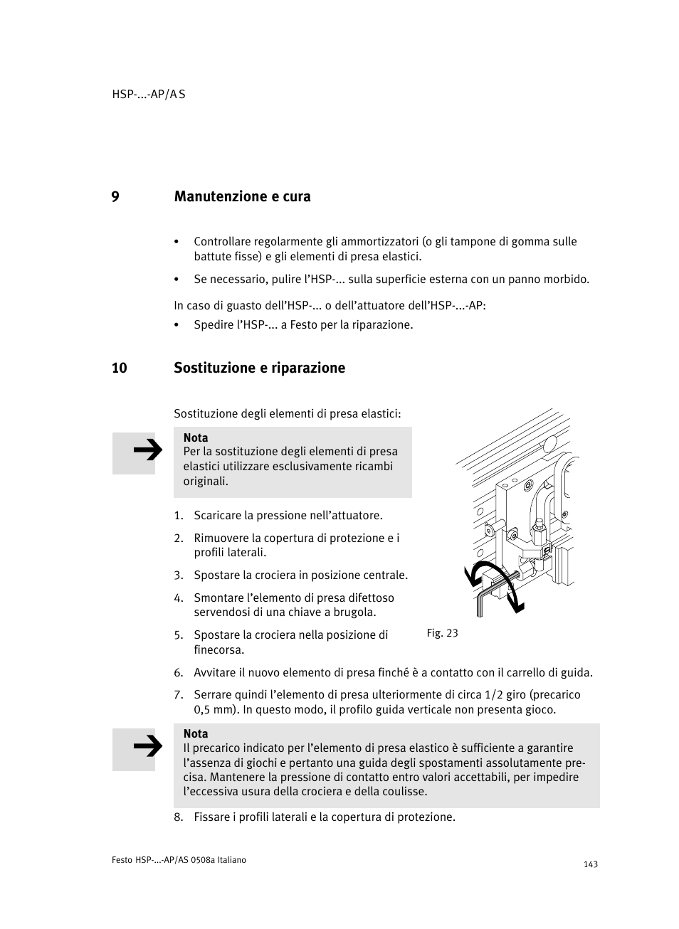 9 manutenzione e cura, 10 sostituzione e riparazione, 9manutenzione e cura | Festo Модуль перемещения HSP User Manual | Page 143 / 184