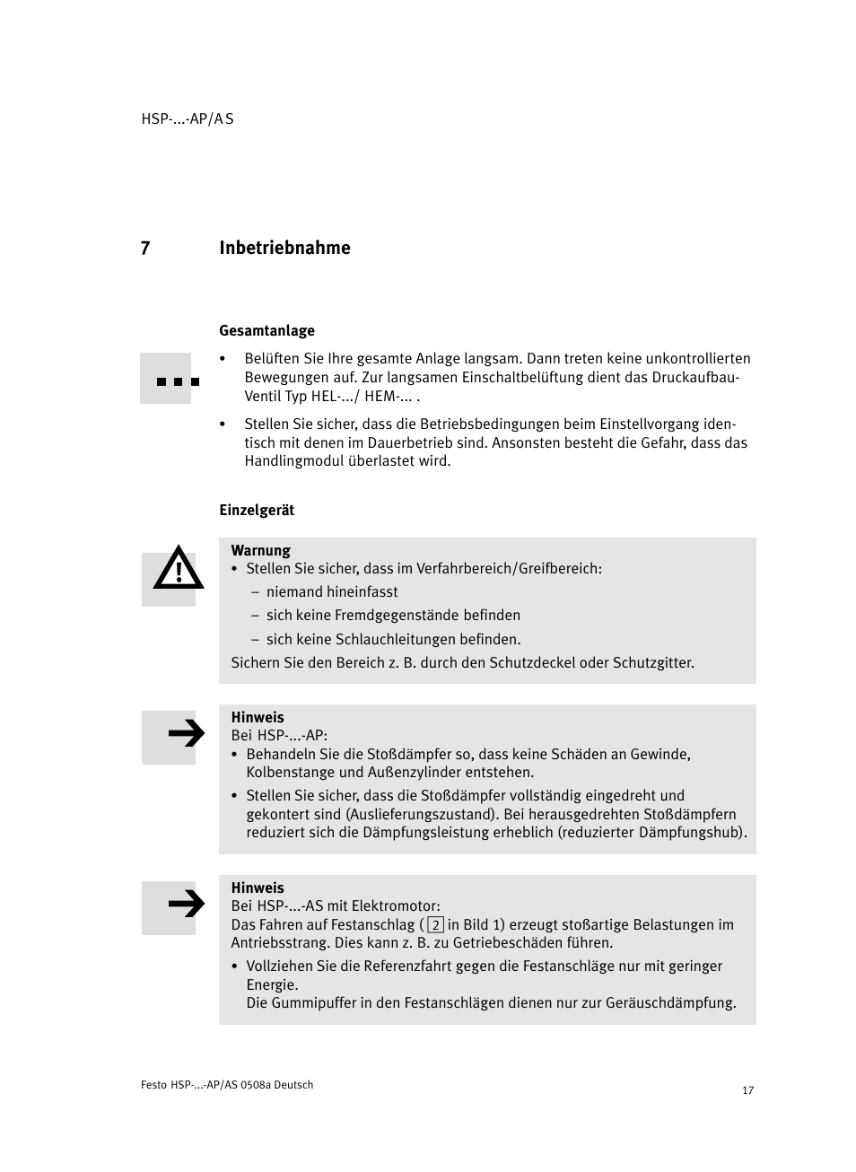 7 inbetriebnahme, Gesamtanlage, Einzelgerät | 7inbetriebnahme | Festo Модуль перемещения HSP User Manual | Page 17 / 184