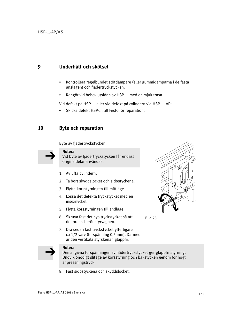 9 underhåll och skötsel, 10 byte och reparation, 9underhåll och skötsel | Festo Модуль перемещения HSP User Manual | Page 173 / 184