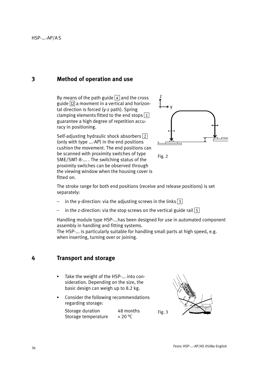 3 method of operation and use, 4 transport and storage, 3method of operation and use | 4transport and storage | Festo Модуль перемещения HSP User Manual | Page 36 / 184