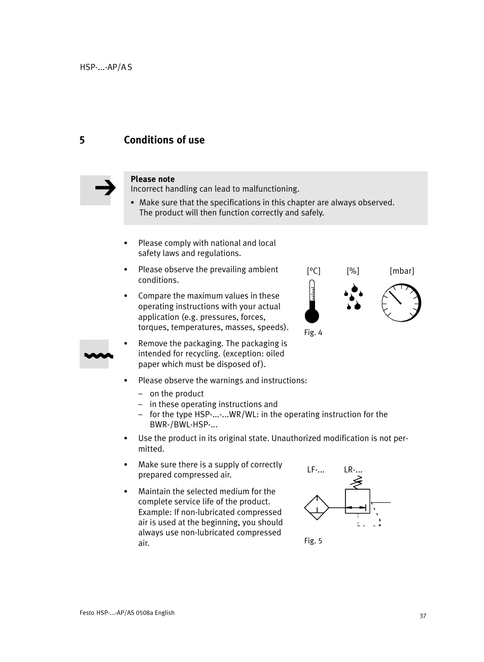 5 conditions of use, 5conditions of use | Festo Модуль перемещения HSP User Manual | Page 37 / 184