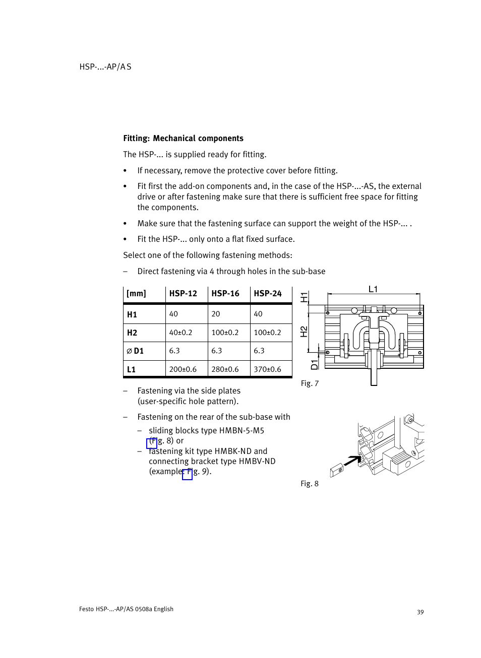 Fitting: mechanical components | Festo Модуль перемещения HSP User Manual | Page 39 / 184