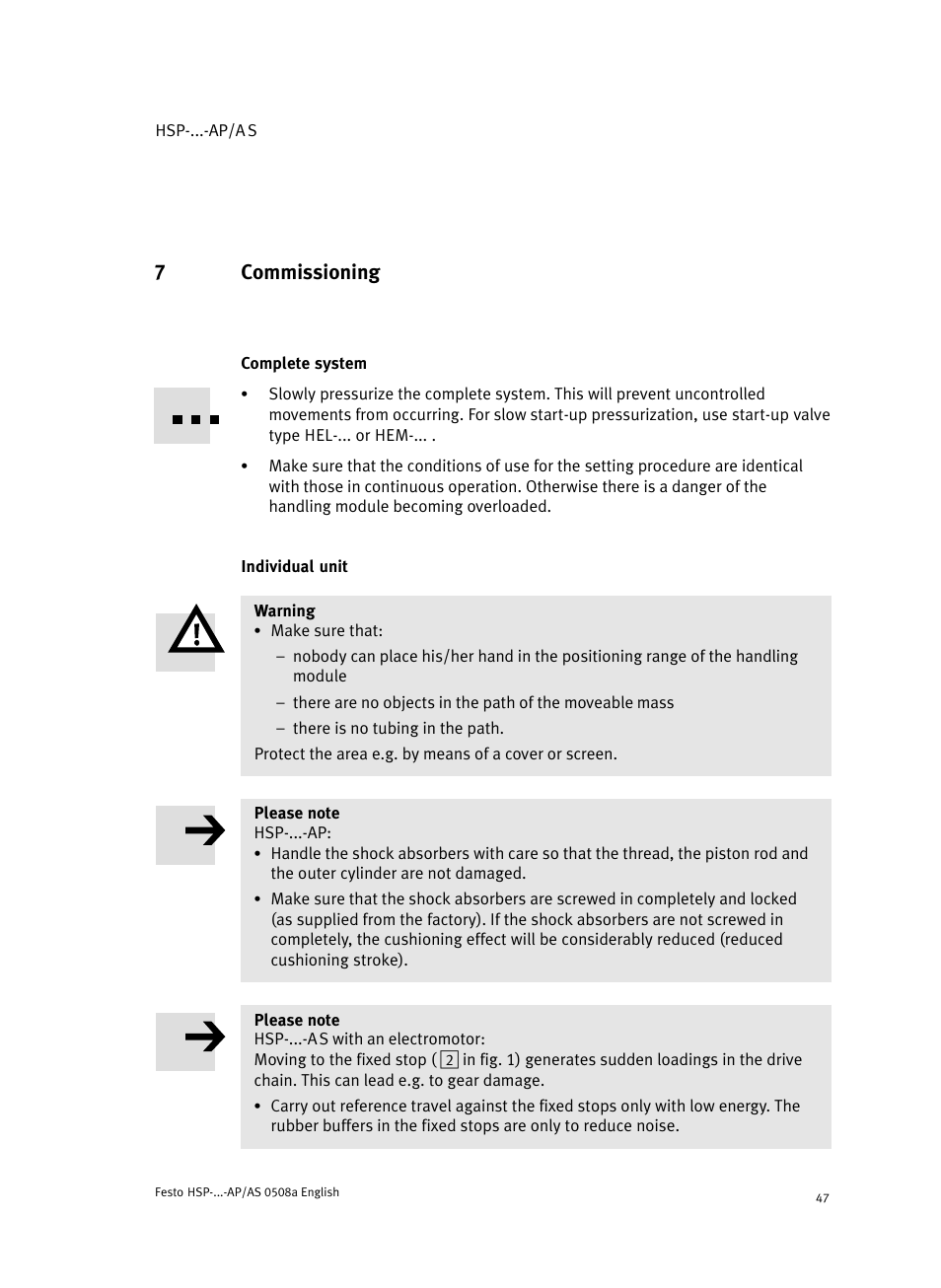 7 commissioning, Complete system, Individual unit | 7commissioning | Festo Модуль перемещения HSP User Manual | Page 47 / 184