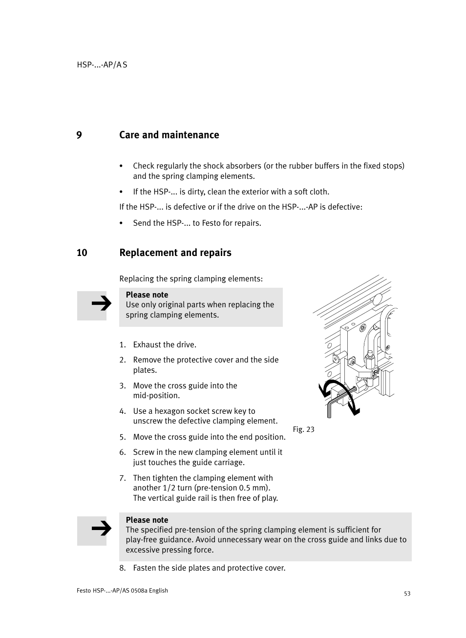 9 care and maintenance, 10 replacement and repairs, 9care and maintenance | Festo Модуль перемещения HSP User Manual | Page 53 / 184