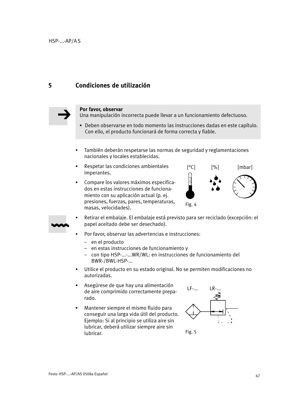 5 condiciones de utilización, 5condiciones de utilización | Festo Модуль перемещения HSP User Manual | Page 67 / 184