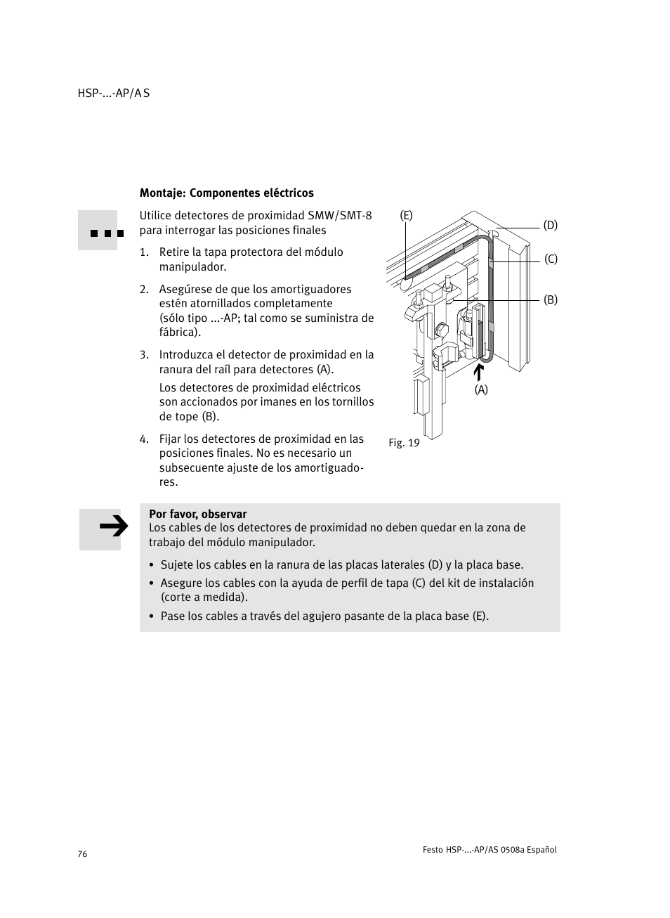 Montaje: componentes eléctricos | Festo Модуль перемещения HSP User Manual | Page 76 / 184