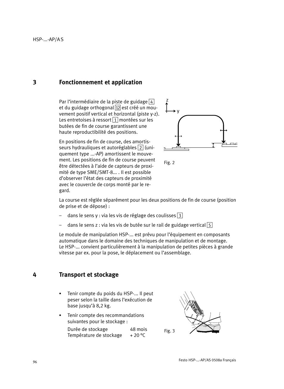 3 fonctionnement et application, 4 transport et stockage, 3fonctionnement et application | 4transport et stockage | Festo Модуль перемещения HSP User Manual | Page 96 / 184