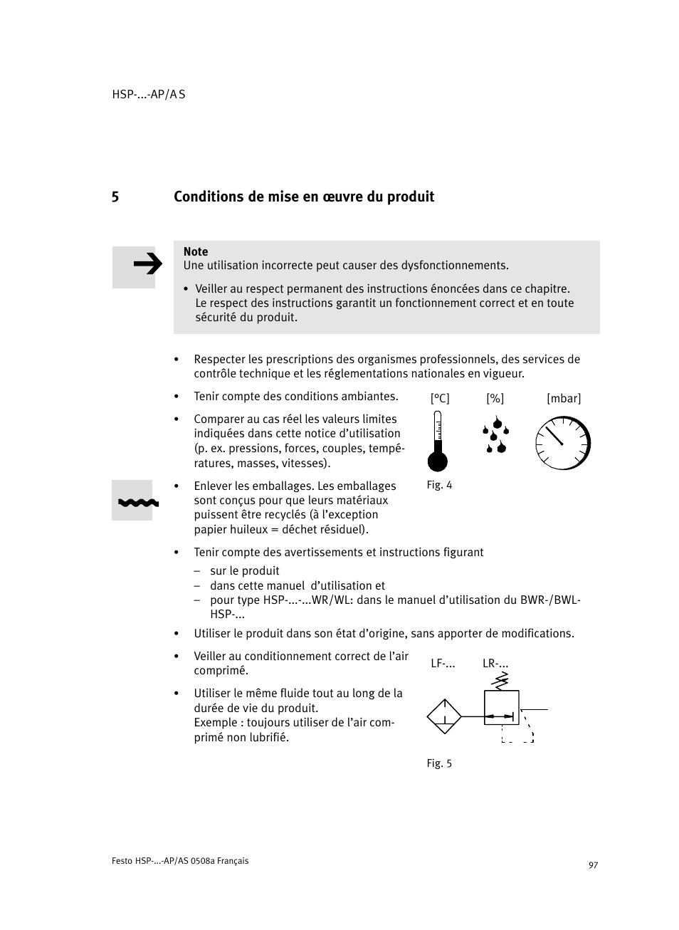 5 conditions de mise en ĺuvre du produit, 5conditions de mise en ĺuvre du produit | Festo Модуль перемещения HSP User Manual | Page 97 / 184