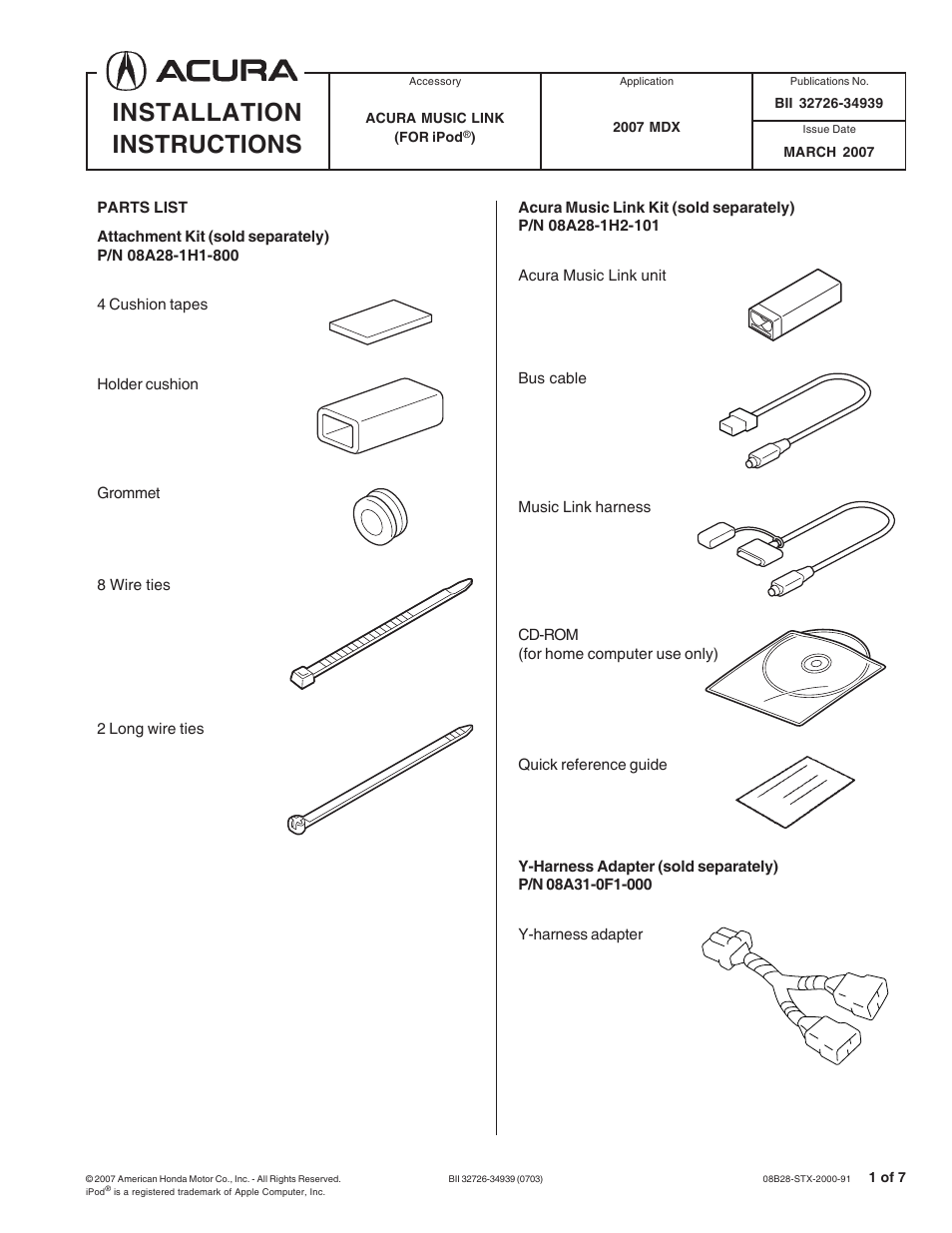 Acura Music Link bii32726-34939 User Manual | 7 pages