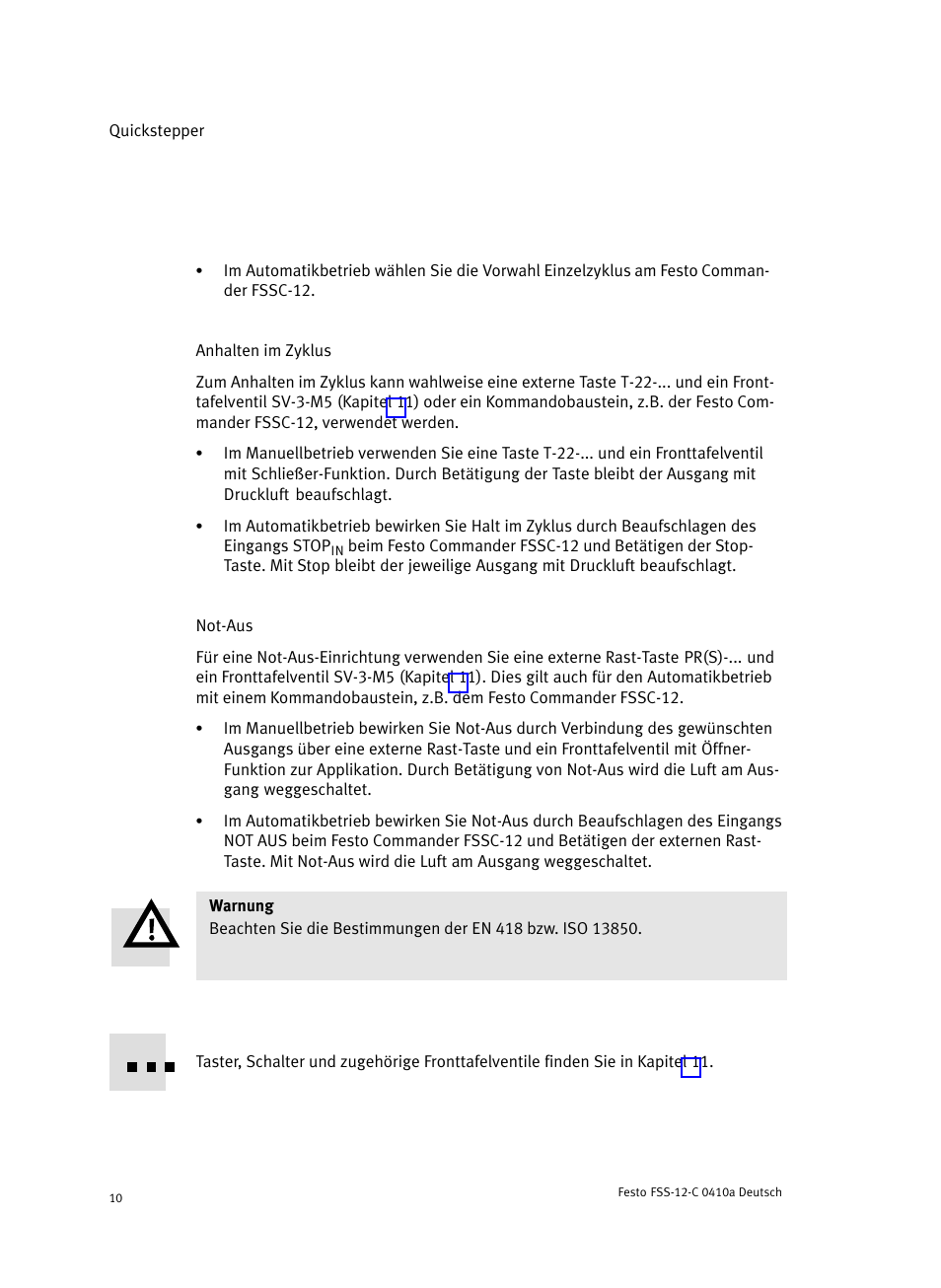 Anhalten im zyklus, Not-aus | Festo Quickstepper FSS User Manual | Page 10 / 100