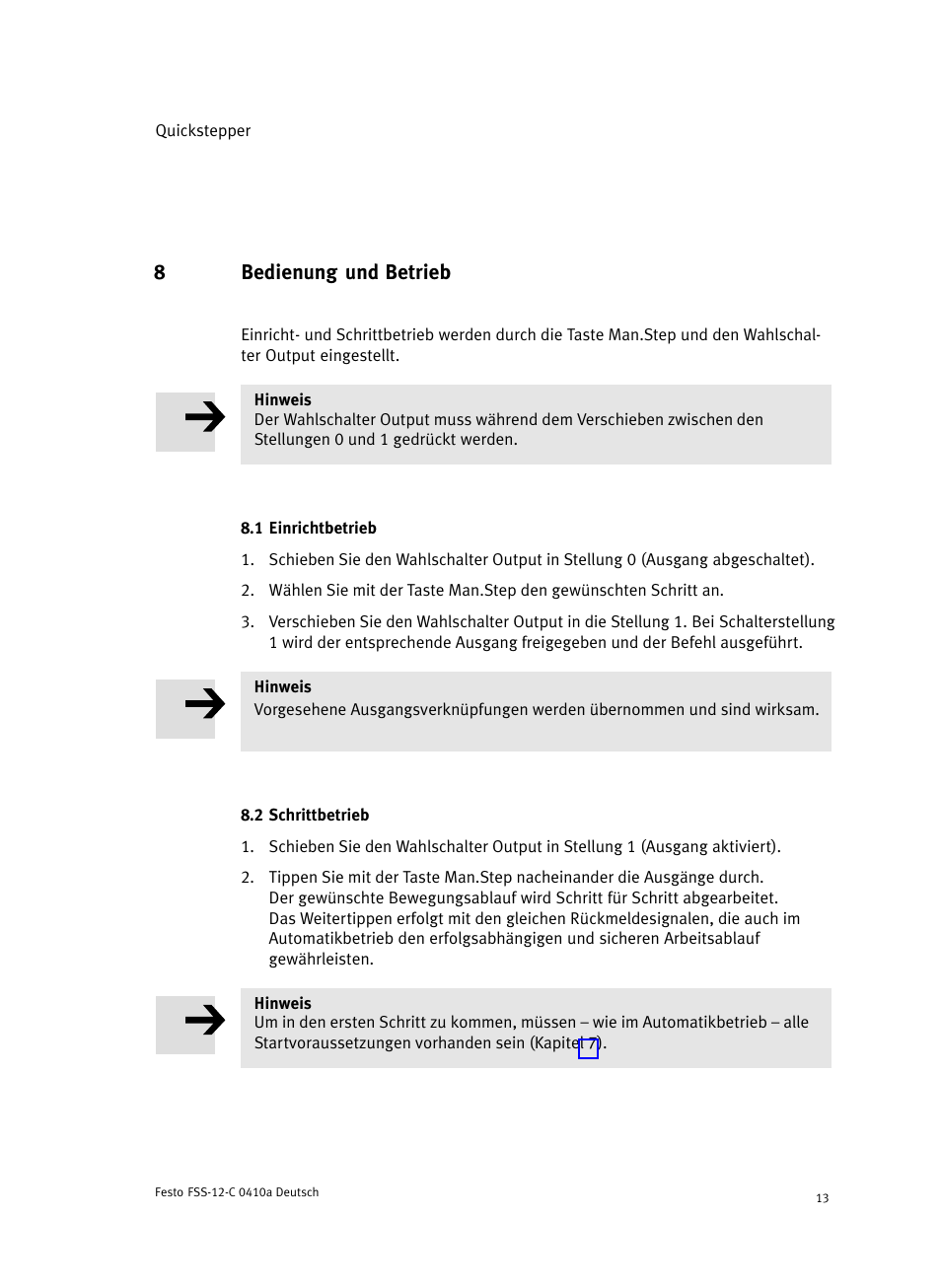 8 bedienung und betrieb, 1 einrichtbetrieb, 2 schrittbetrieb | 8bedienung und betrieb | Festo Quickstepper FSS User Manual | Page 13 / 100