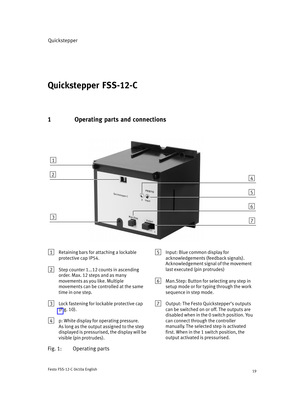 English quickstepper fss-12-c, 1 operating parts and connections, Quickstepper fss−12−c | Festo Quickstepper FSS User Manual | Page 19 / 100