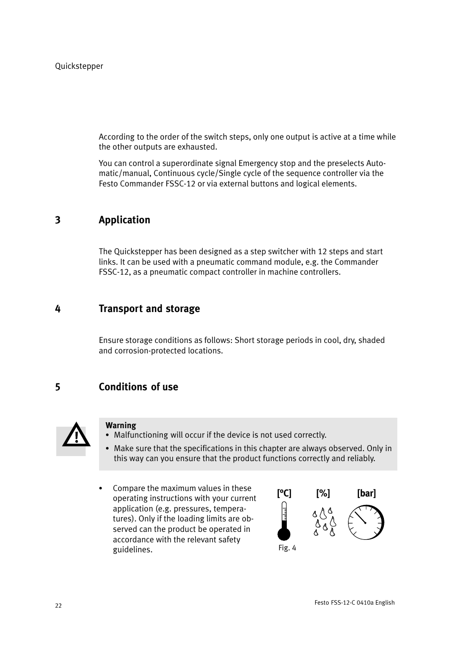 3 application, 4 transport and storage, 5 conditions of use | Festo Quickstepper FSS User Manual | Page 22 / 100