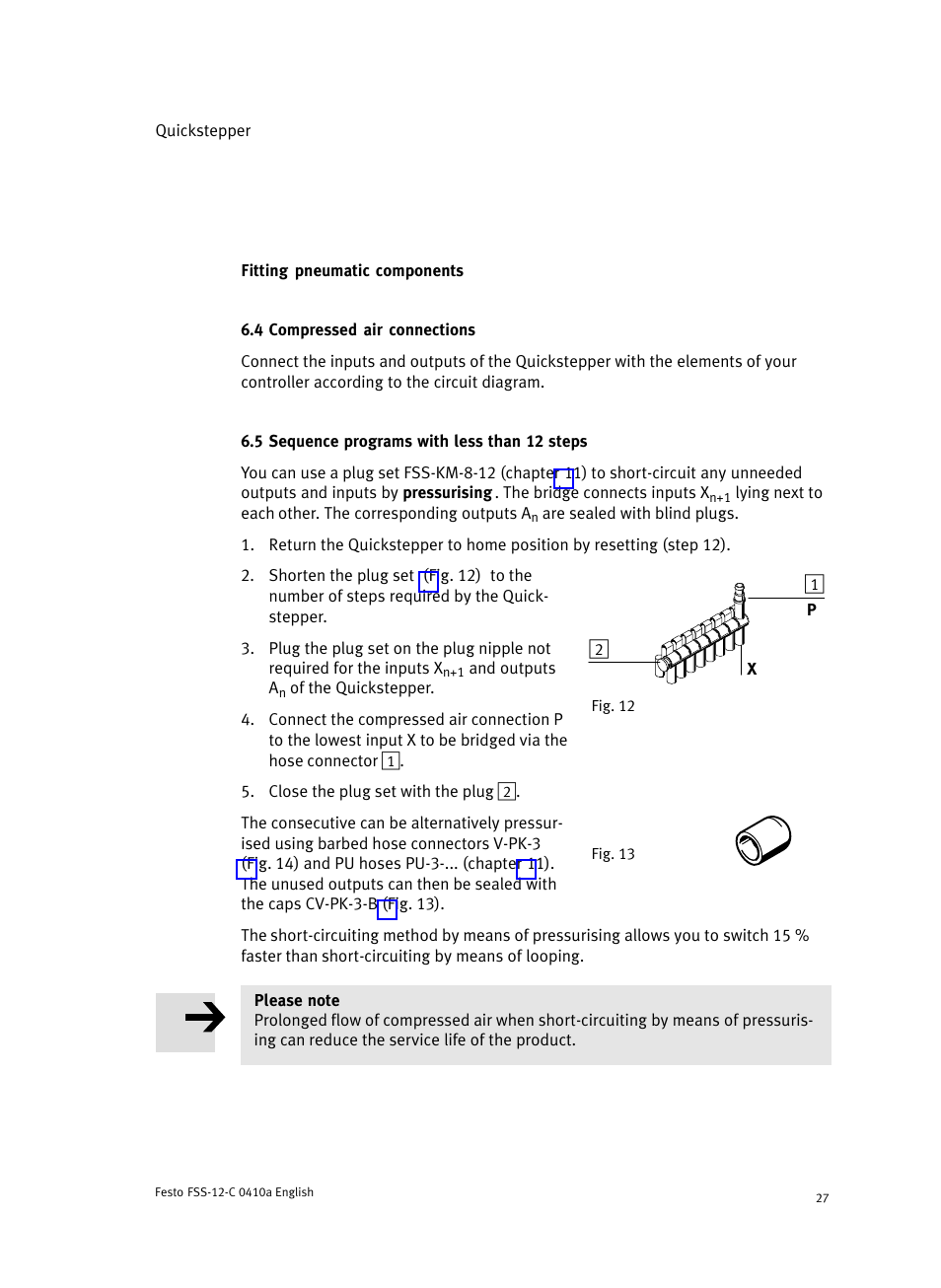 Fitting pneumatic components, 4 compressed air connections, 5 sequence programs with less than 12 steps | Festo Quickstepper FSS User Manual | Page 27 / 100