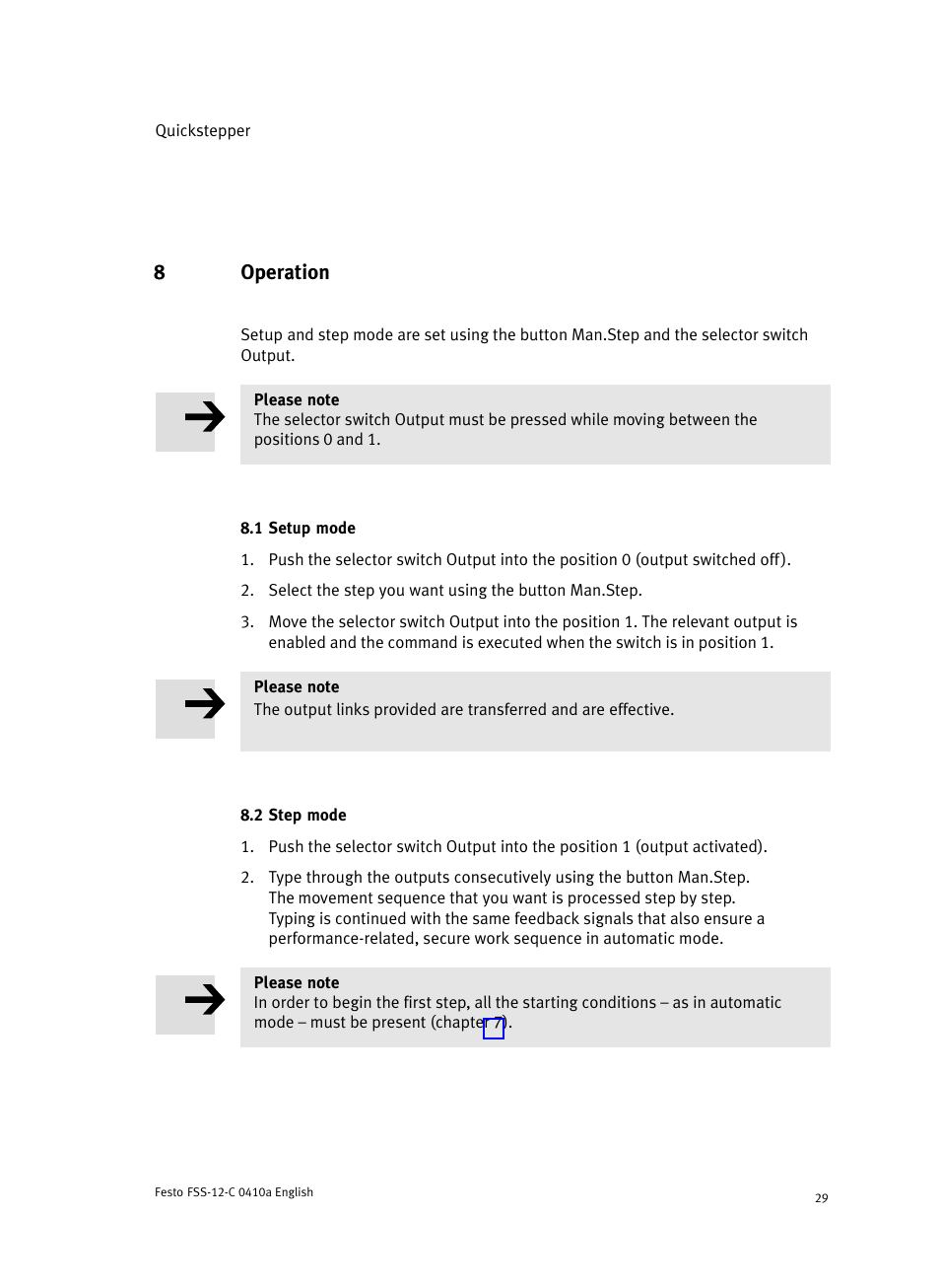 8 operation, 1 setup mode, 2 step mode | 8operation | Festo Quickstepper FSS User Manual | Page 29 / 100