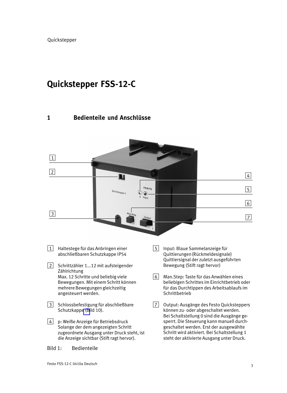 Deutsch quickstepper fss-12-c, 1 bedienteile und anschlüsse, Quickstepper fss−12−c | Festo Quickstepper FSS User Manual | Page 3 / 100