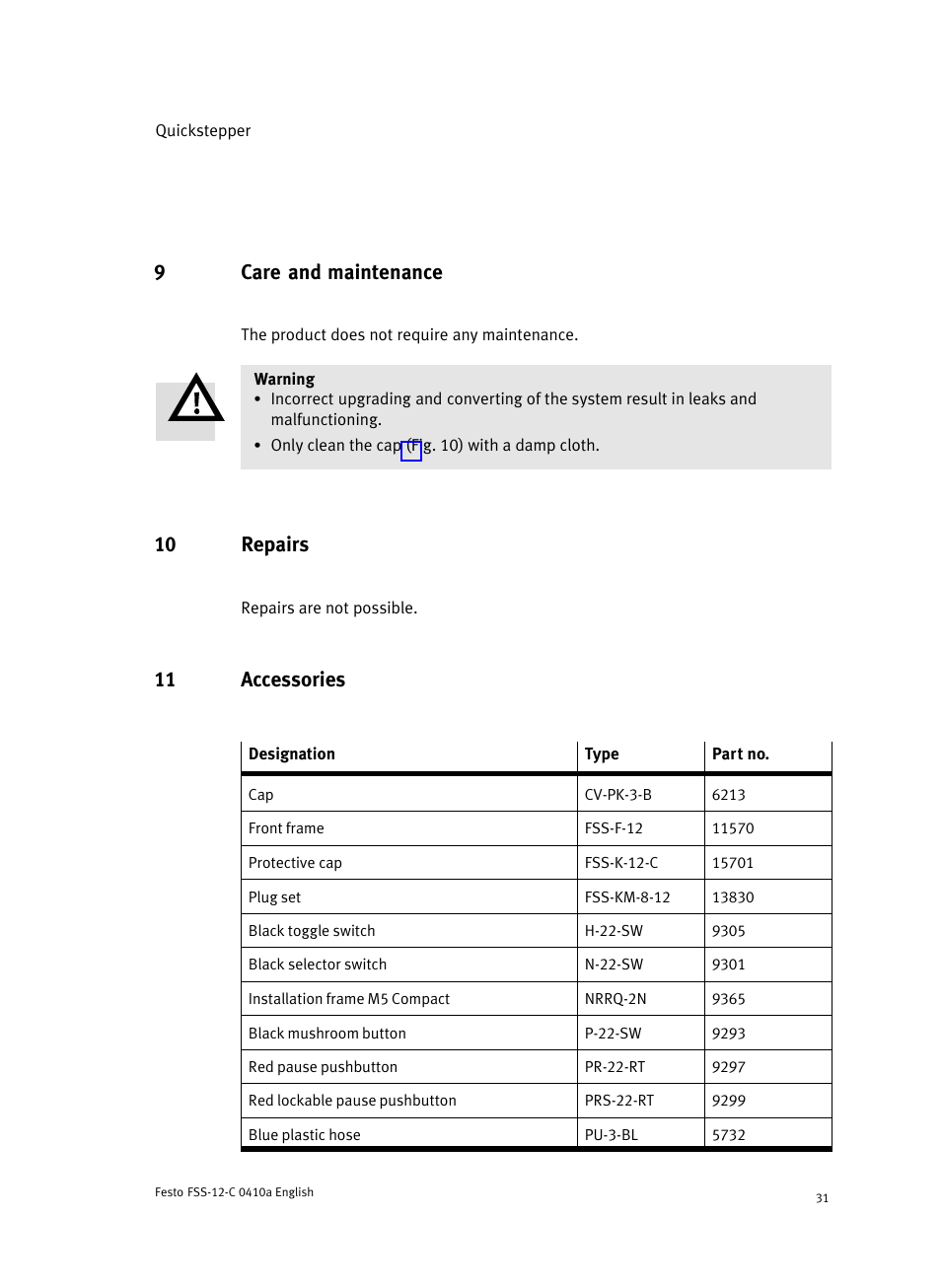 9 care and maintenance, 10 repairs, 11 accessories | Chapter 11), 9care and maintenance | Festo Quickstepper FSS User Manual | Page 31 / 100