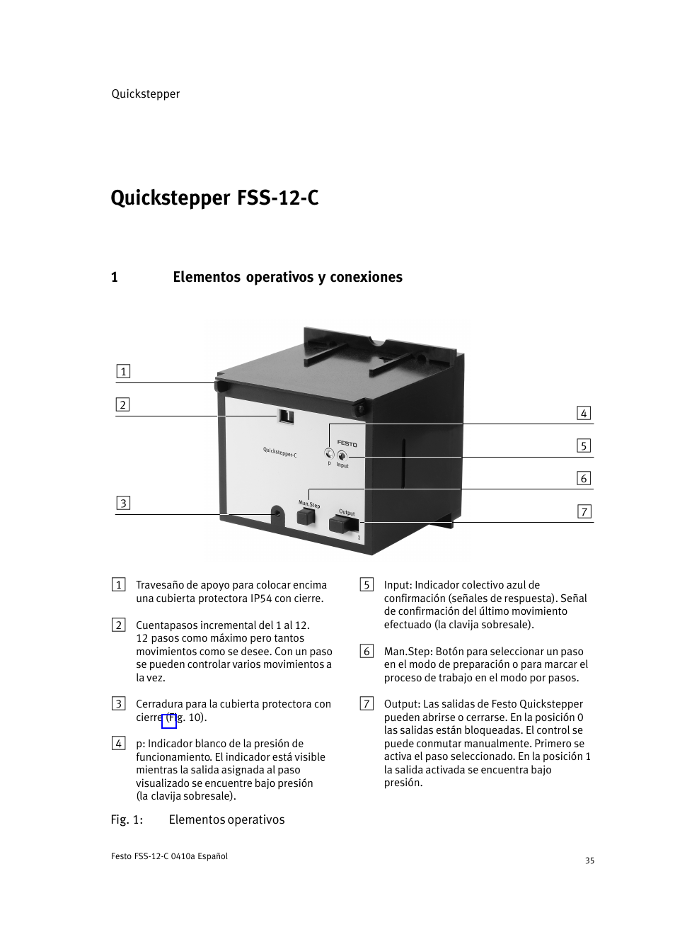 Español quickstepper fss-12-c, 1 elementos operativos y conexiones, Quickstepper fss−12−c | Festo Quickstepper FSS User Manual | Page 35 / 100