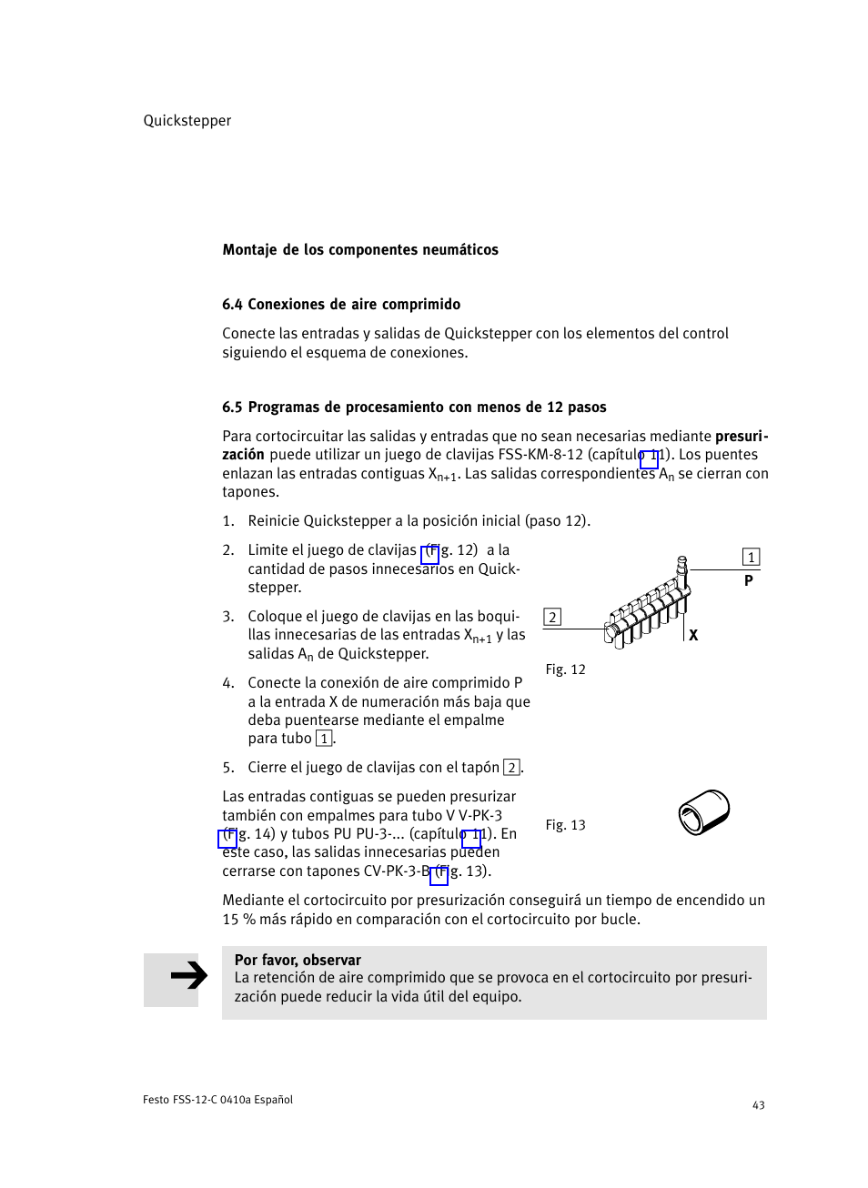 Montaje de los componentes neumáticos, 4 conexiones de aire comprimido, 5 programas de procesamiento con menos de 12 pasos | Festo Quickstepper FSS User Manual | Page 43 / 100
