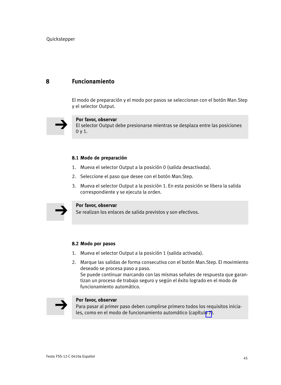 8 funcionamiento, 1 modo de preparación, 2 modo por pasos | 8funcionamiento | Festo Quickstepper FSS User Manual | Page 45 / 100