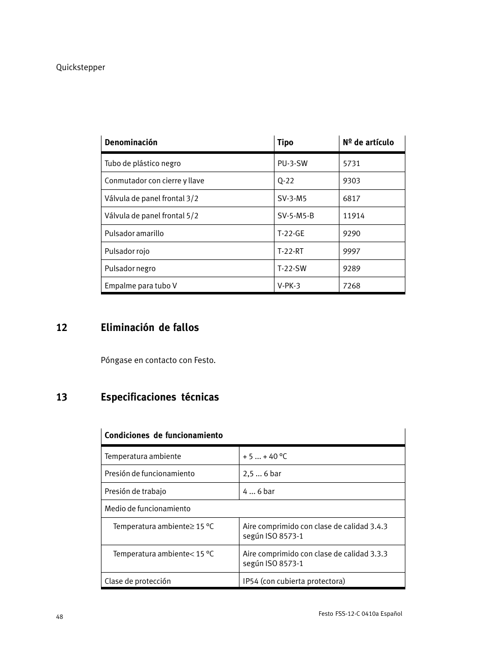 12 eliminación de fallos, 13 especificaciones técnicas | Festo Quickstepper FSS User Manual | Page 48 / 100