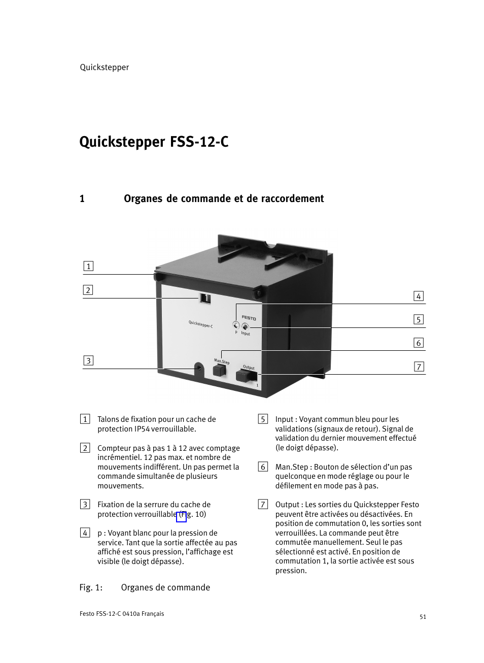 Français quickstepper fss-12-c, 1 organes de commande et de raccordement, Quickstepper fss−12−c | Festo Quickstepper FSS User Manual | Page 51 / 100