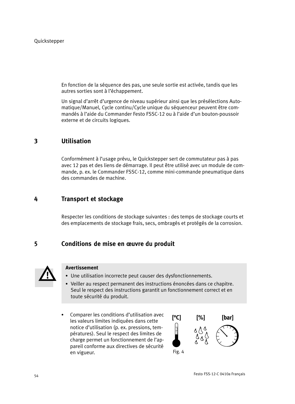 3 utilisation, 4 transport et stockage, 5 conditions de mise en ĺuvre du produit | Festo Quickstepper FSS User Manual | Page 54 / 100