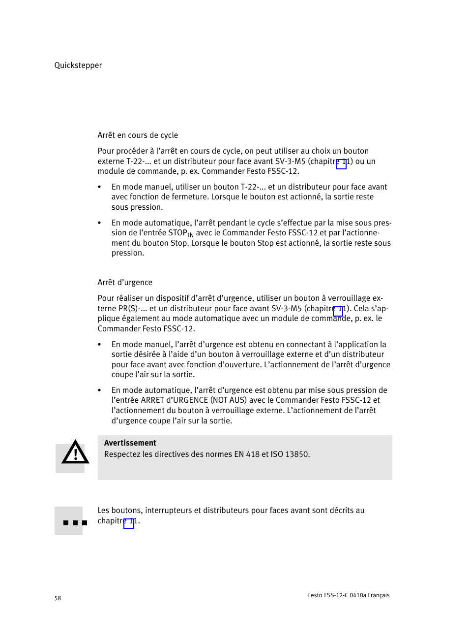 Arrêt en cours de cycle, Arrêt d'urgence | Festo Quickstepper FSS User Manual | Page 58 / 100
