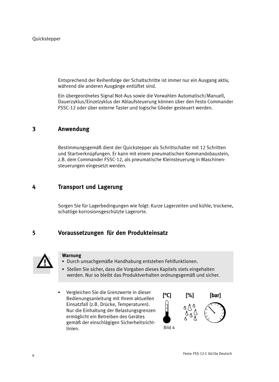 3 anwendung, 4 transport und lagerung, 5 voraussetzungen für den produkteinsatz | Festo Quickstepper FSS User Manual | Page 6 / 100