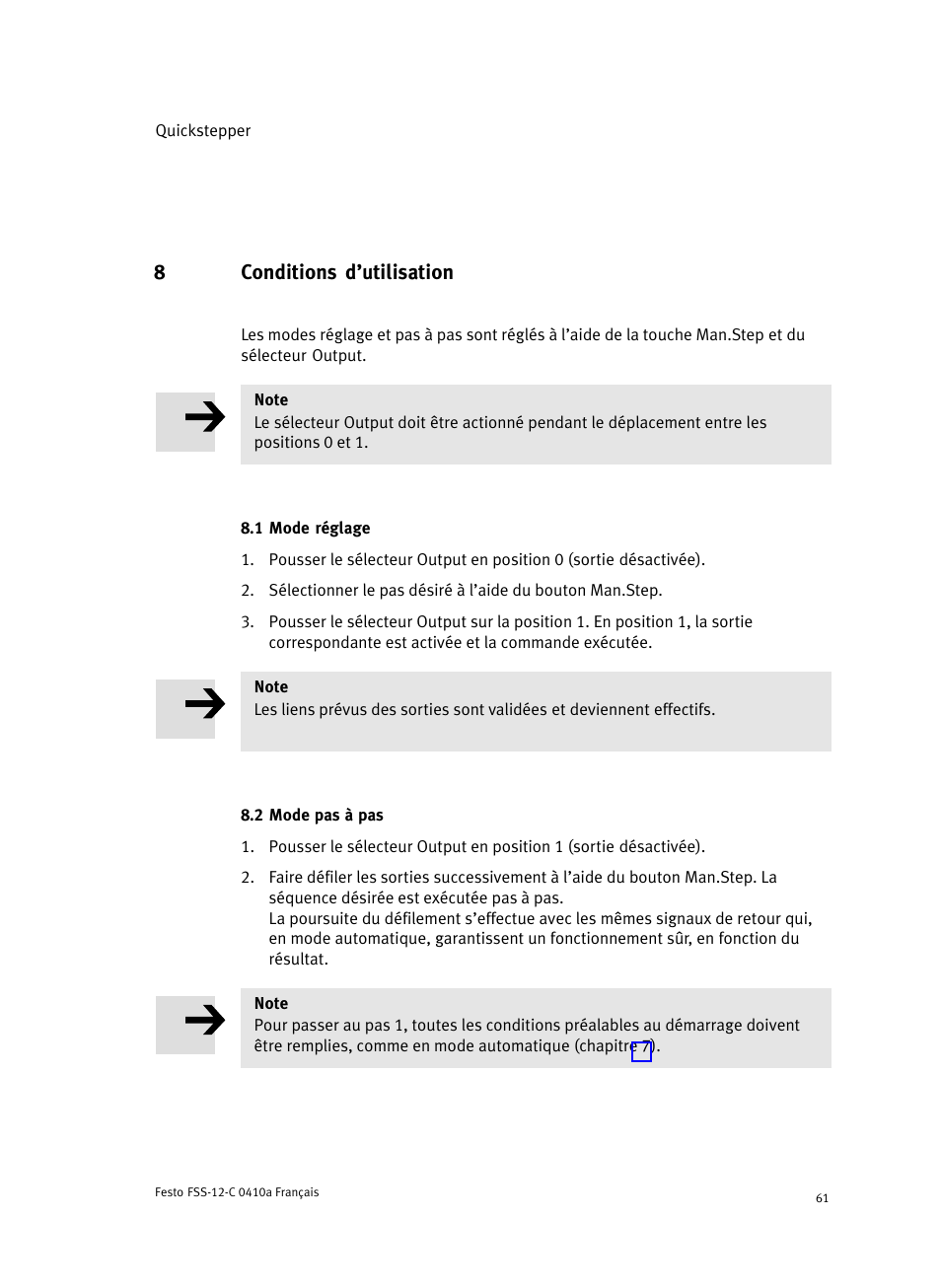 8 conditions d'utilisation, 1 mode réglage, 2 mode pas à pas | 8conditions d’utilisation | Festo Quickstepper FSS User Manual | Page 61 / 100