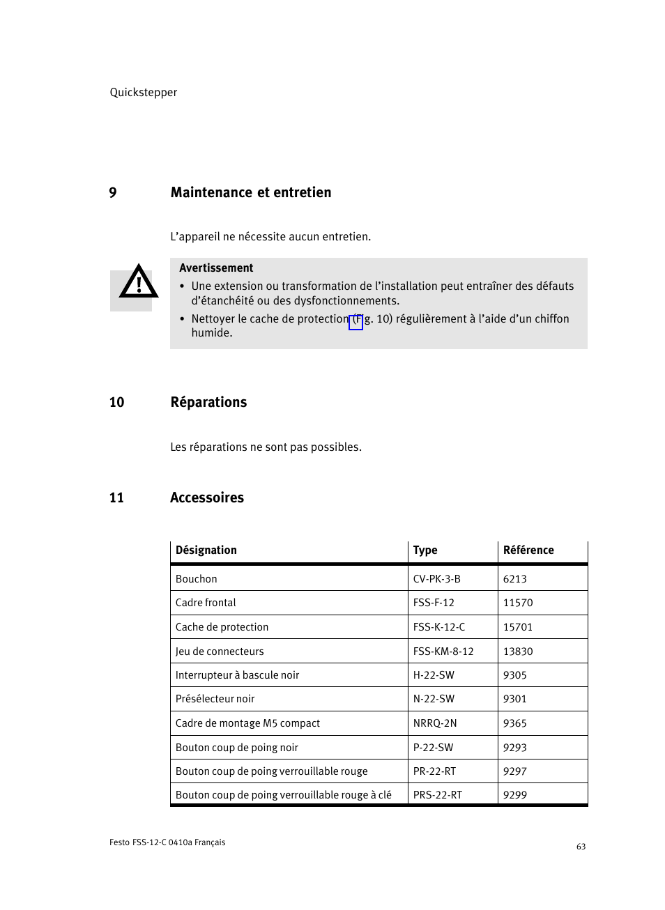 9 maintenance et entretien, 10 réparations, 11 accessoires | Chapitre 11), 9maintenance et entretien | Festo Quickstepper FSS User Manual | Page 63 / 100