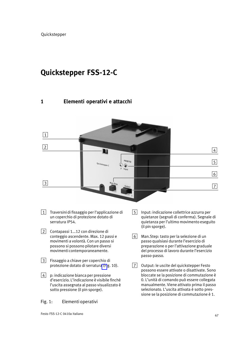 Italiano quickstepper fss-12-c, 1 elementi operativi e attacchi, Quickstepper fss−12−c | Festo Quickstepper FSS User Manual | Page 67 / 100