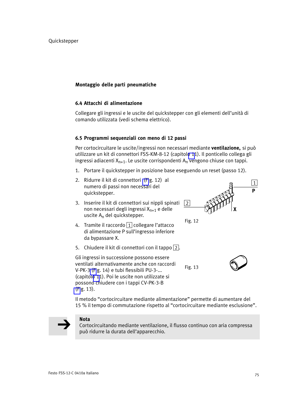 Montaggio delle parti pneumatiche, 4 attacchi di alimentazione, 5 programmi sequenziali con meno di 12 passi | Festo Quickstepper FSS User Manual | Page 75 / 100