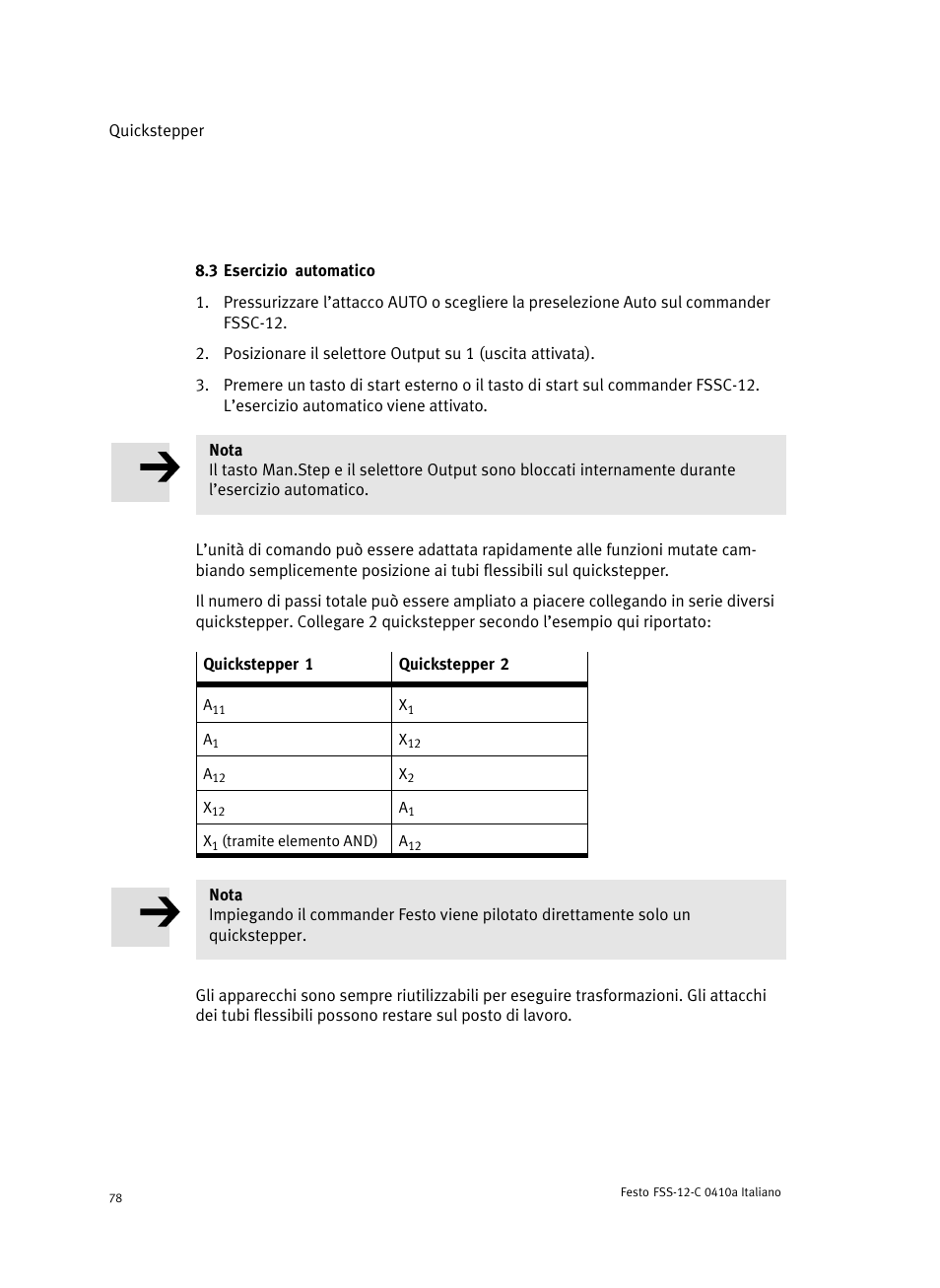 3 esercizio automatico | Festo Quickstepper FSS User Manual | Page 78 / 100